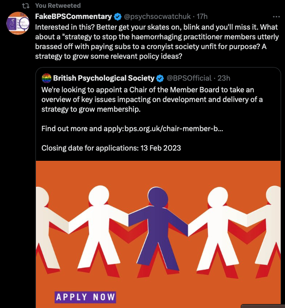 psychsocwatchuk's tweet photo. Spate of tweets trying to recruit a chair for the Members Board closing date a week ahead!
A member who as a trustee will ultimately carry the can for this S*it Show? "Grow the membership" (aka business plan not delivering the income needed to perpetuate the oligarchy? #smellarat https://t.co/Lw5IVpIRUg