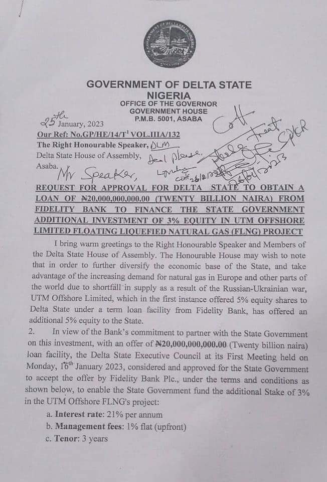 Make una rest! Okowa sought consent of HoA for a change in the lead bank, and N20bn facility is a loan for an investment by the Delta Gov't in a floating gas company in Warri, which is expected to provide jobs for citizens and increase the state's internally-generated revenue. 