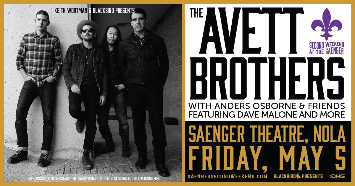 theavettbros's tweet photo. We’re coming to @SaengerNOLA on Friday, May 5! Special opening performance by @Anders_Osborne & Friends feat. Dave Malone and more. Pre-sale starts tomorrow (2/09) @ 10am CT. Visit https://t.co/00OyYD7zXs and use code NOLA23 to get your tickets. #jazzfest #secondweekend https://t.co/ZKtrmW2dlC