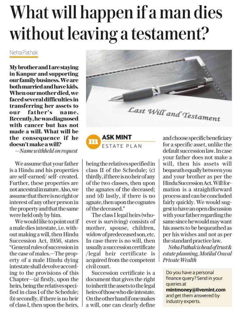 pathakneha's tweet photo. What happens when a Hindu male passes away without a Will? My column in @AskMint #estateplanning #successionplanning https://t.co/5MvhoZiPgo