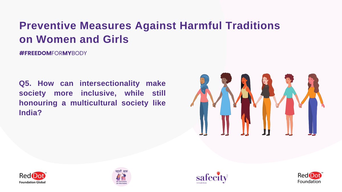 TheSafecityApp's tweet photo. 5. How can intersectionality make society more inclusive, while still honouring a multicultural society like India?
- You can tweet your answers with the question number (e.g. A1, A2, A3)
- Use the hashtag #FREEDOMFORMYBODY
#Safecity
@ridhibhutani22 @prerticular https://t.co/1ClkpIrH5p