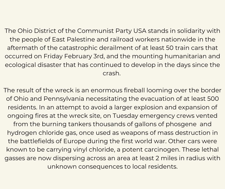 cpusaohio's tweet photo. The Ohio District of the Communist Party USA stands in solidarity the people of East Palestine and railroad workers nationwide. Read more ⬇️ https://t.co/ZaBVdhEkOe