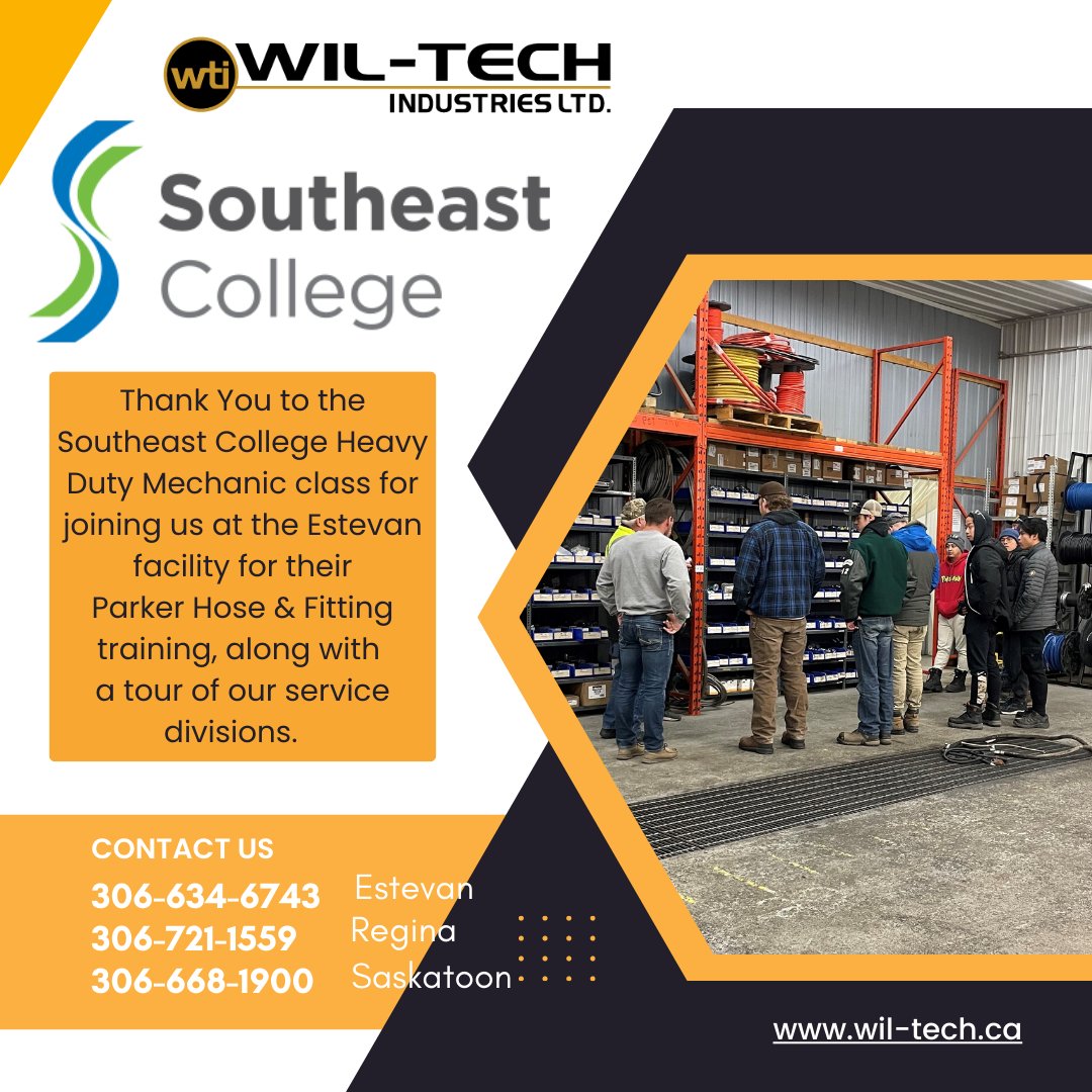WTI_Canada's tweet photo. Thank You to the Southeast College Heavy Duty Mechanic class for joining us at the Estevan facility for their Parker Hose & Fitting training, along with a tour of our service divisions.
#wiltech #hoseandfittings #heavydutymechanic https://t.co/tPordzrHYA