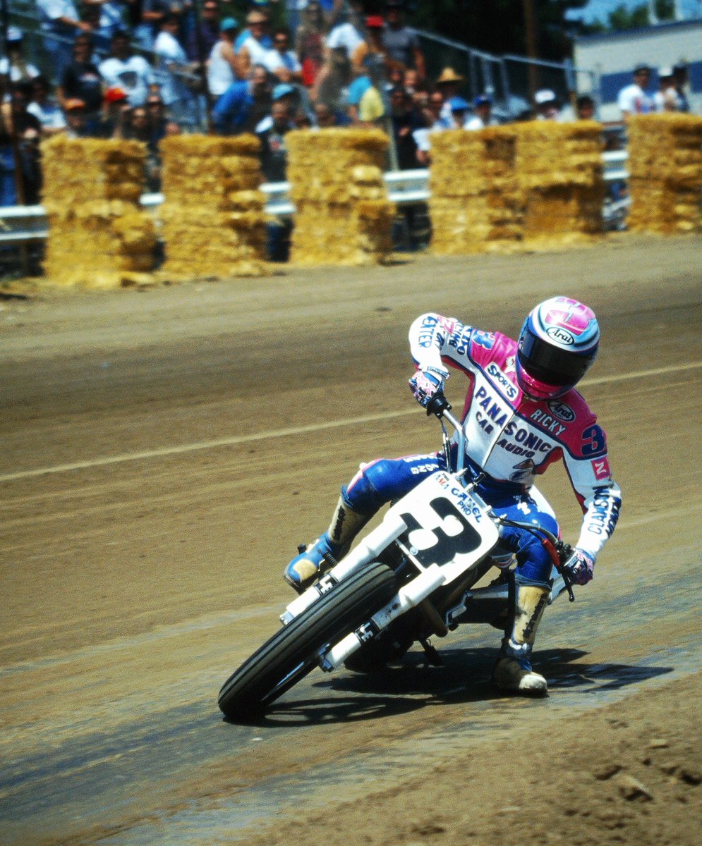 Ricky Graham at the San Jose Mile in 1993 captured by longtime Northern California racing photographer Mike Doran. That was Ricky's magical season where he won 12 races, including six in a row, both AMA Grand National/American Flat Track records. #RickyGraham #AmericanFlatTrack