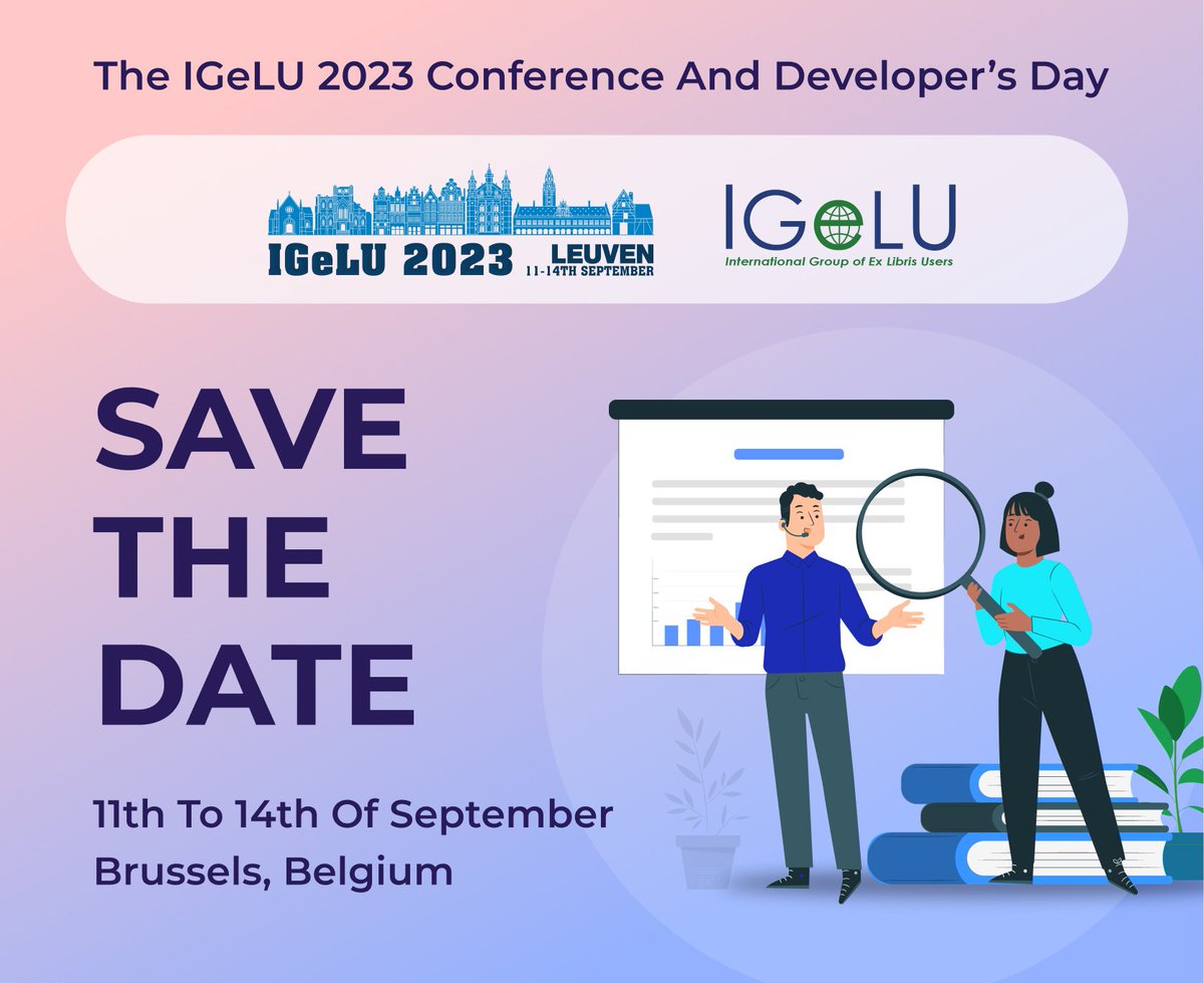ExLibrisGroup's tweet photo. Mark your calendars! 
The IGeLU 2023 Conference and Developer's Day will take place in Brussels, Belgium, on the 11th-14th of September. 
Here are the latest conference updates:  https://t.co/GKtstND0Kj 
#IGeLU2023 #ExLibrisUserGroup #Library_conference #Library_managment https://t.co/iYIx7TdKP4