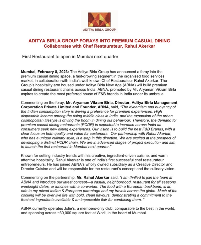 Happy to announce our hospitality arm’s partnership with <a href="/rahulakerkar/">Rahul Akerkar</a>. An exciting step towards our vision of creating a portfolio of the most preffered F&amp;B brands!