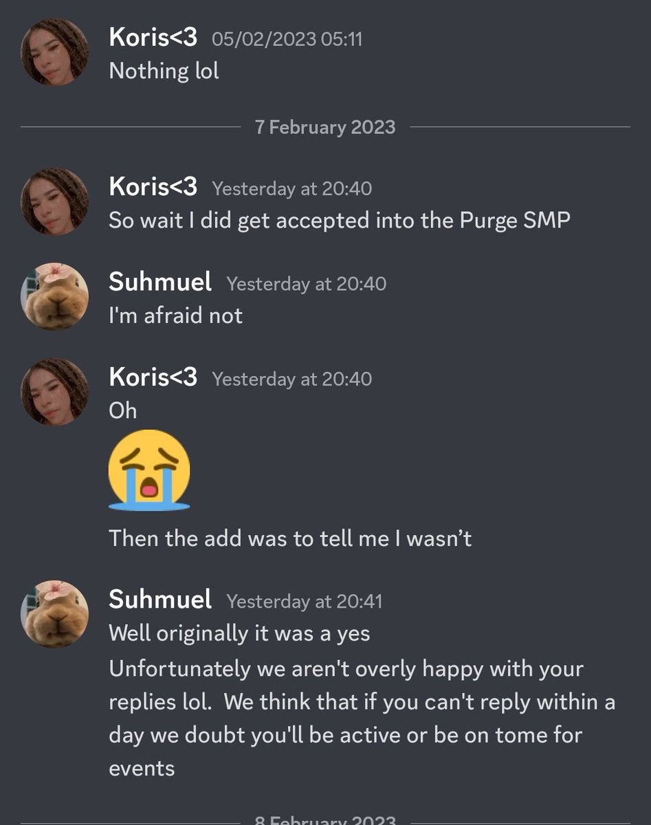 TheRealPurgeSMP's tweet photo. Then two days later we hadn't quite made our decision. However after this message we rushed our desicion to a no, the reason stated was not at all toxic or unprofessional. We were just concerned for our server. https://t.co/ozir0rr0HY
