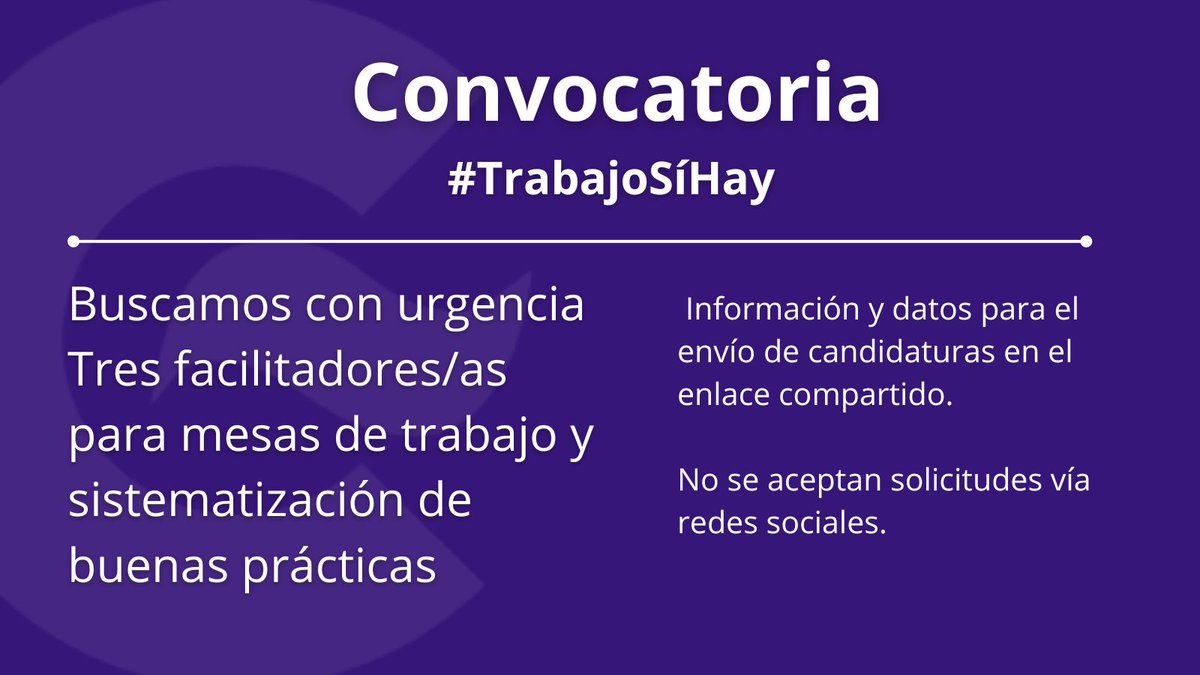 Aecid_Guatemala's tweet photo. #Convocatoria2023 #TrabajoSíHay
⚠️ Buscamos 3 facilitadoras/es para mesas de trabajo y sistematización de buenas prácticas del 
@GuatemalaPrevi  de @UEGuatemala  y 
@Aecid_Guatemala
 🚫 NO SE ACEPTAN CANDIDATURAS POR REDES SOCIALES.
🧐 https://t.co/pJpj73yv62 https://t.co/UhPA2avlVe
