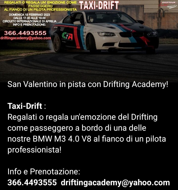 DriftingAcademy's tweet photo. San Valentino in pista con Drifting Academy!

Taxi-Drift:
Regalati o regala un'emozione del Drifting come passeggero a bordo di una delle nostre BMW M3 4.0 V8 al fianco di un pilota professionista!

Info e Prenotazione:
366.4493555
driftingacademy@yahoo.com
#SanValentino #drift https://t.co/FeZTBHaAR2