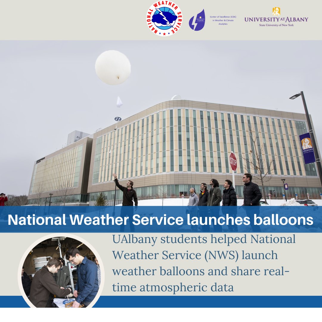 UAlbanyWxCOE's tweet image. Through the new partnership, UAlbany is providing two mobile sounding systems and the National Weather Service (NWS) is offering technical expertise to input the data into its forecast models.
#nws #weatheranalytics #ualbany #balloonlaunch
