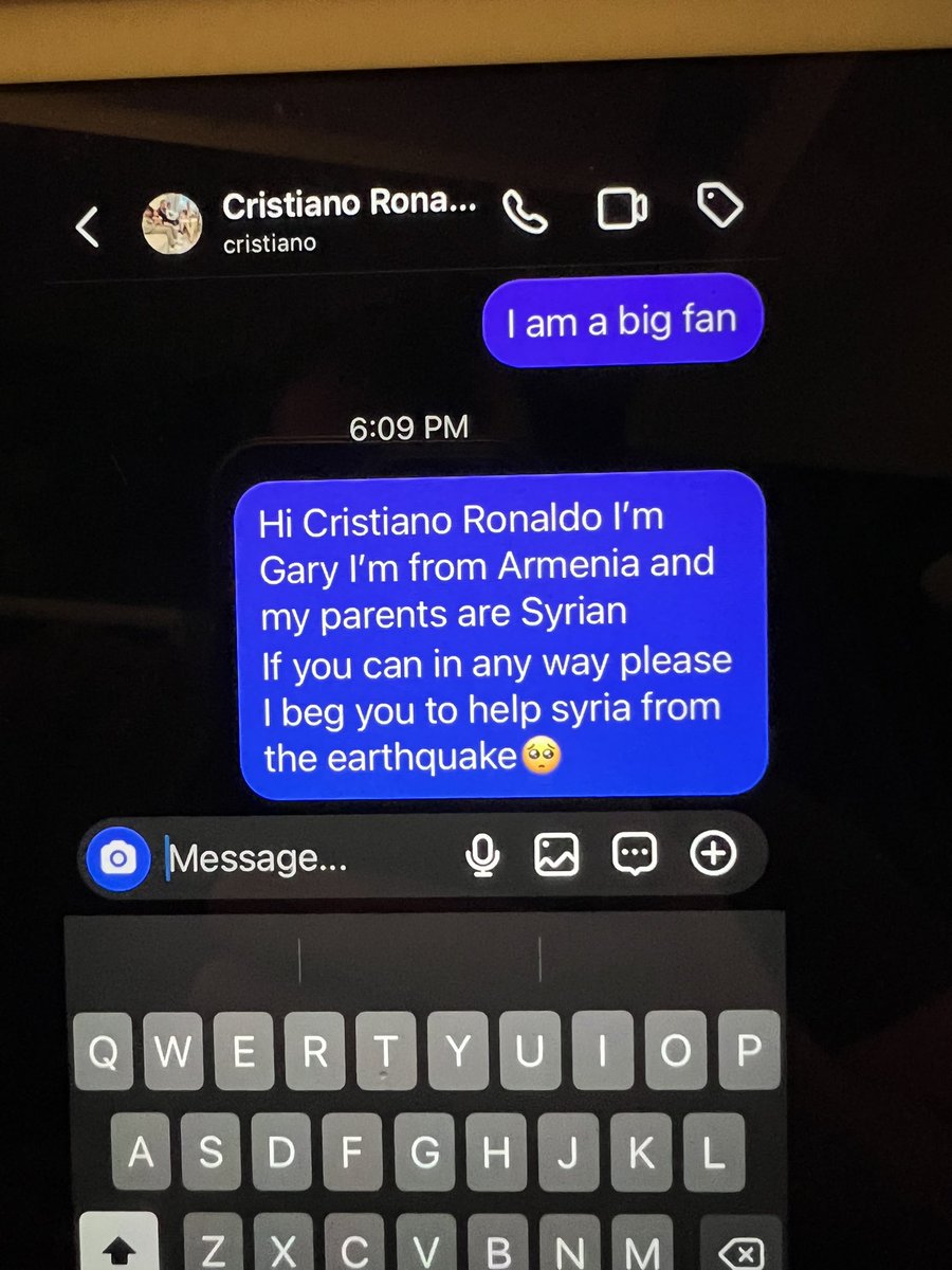 my 9 years old son DM <a href="/Cristiano/">Cristiano Ronaldo</a> begging him to help Syria <a href="/AlNassrFC_EN/">AlNassr FC</a> #TurkeySyriaEarthquake #Aleppo