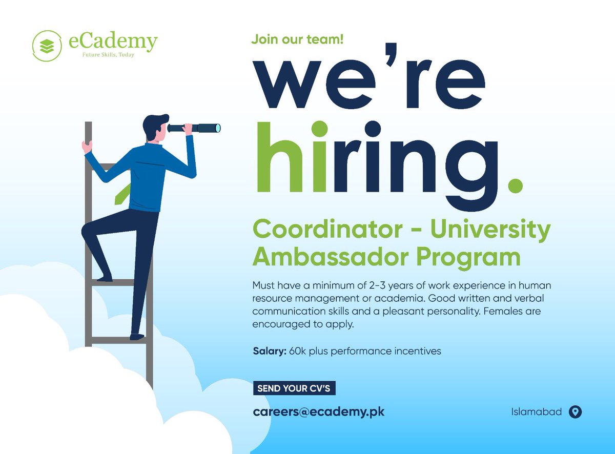 Bismillah. Send your Resumes. We need a candidate for Islamabad and Pindi area. We are starting a university Ambassador Program at @eCademyPk. Send your Resumes at careers@ecademy.pk