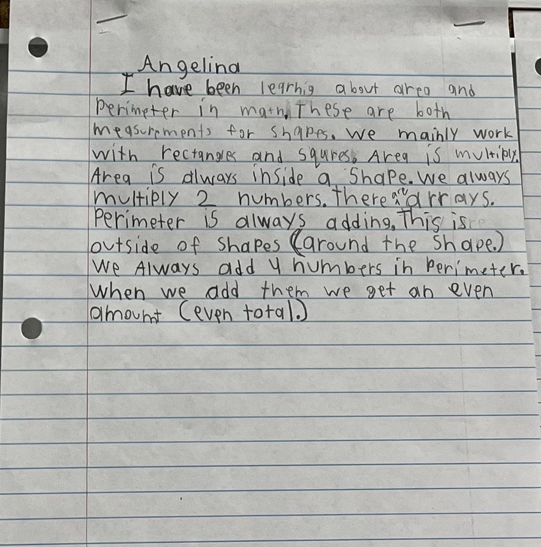 MarlettDon's tweet image. How well do these students understand area and perimeter? Angelina explains her thoughts! An excellent example of how writing supports learning.  #mathwriting #edchat #withLF #vocabulary