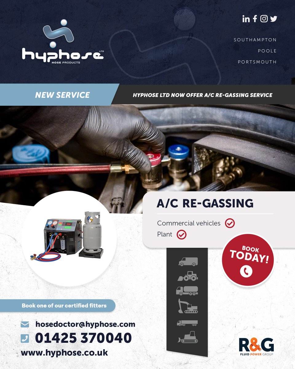 hyphose's tweet photo. π’ NEW SERVICE!
Hyphose Ltd are now offering an A/C air con re-gassing service for commercial vehicles and plant machinery.ππ
Get in touch today to book a visit from one of our certified fitters.
π 01425 370040
π© hosedoctor@hyphose.com
#southeast #ac #regassing https://t.co/o9wW6Yrlqg