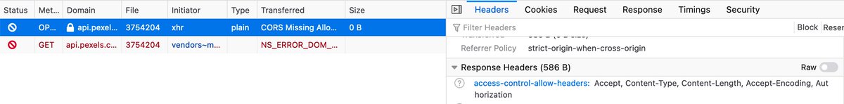 _schanso's tweet photo. @pexels Hi 👋 We've been hitting CORS errors from your API since yesterday. Pre-flighting  a User-Agent header seems to not longer be supported--this is probably unintentional? Requests w/o a UA header are handled just fine. https://t.co/NSYcEpBFdP