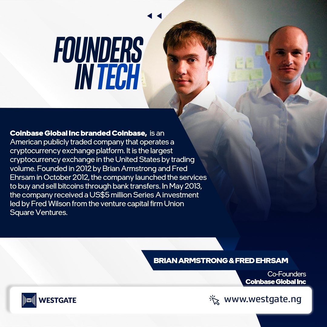 westgateng_'s tweet image. Brian Armstrong and Fred Ehrsam 💻🌏

Today&apos;s edition of #Foundersintech features Brian Armstrong and Fred Ehrsam. The 40  and 34-year-old American busines executive, billionaire, and investor alongside his colleague an American business executive and investor co-founded Coinbase