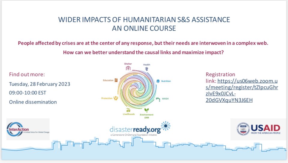 Save the date: February 28, 2023. 

lnkd.in/ewcMFM7w
<a href="/InterActionOrg/">InterAction</a>, <a href="/USAIDSavesLives/">USAID's Bureau for Humanitarian Assistance</a>, <a href="/DisasterReady/">DisasterReady.org</a> 
#humanitarian #shelter #WiderImpacts