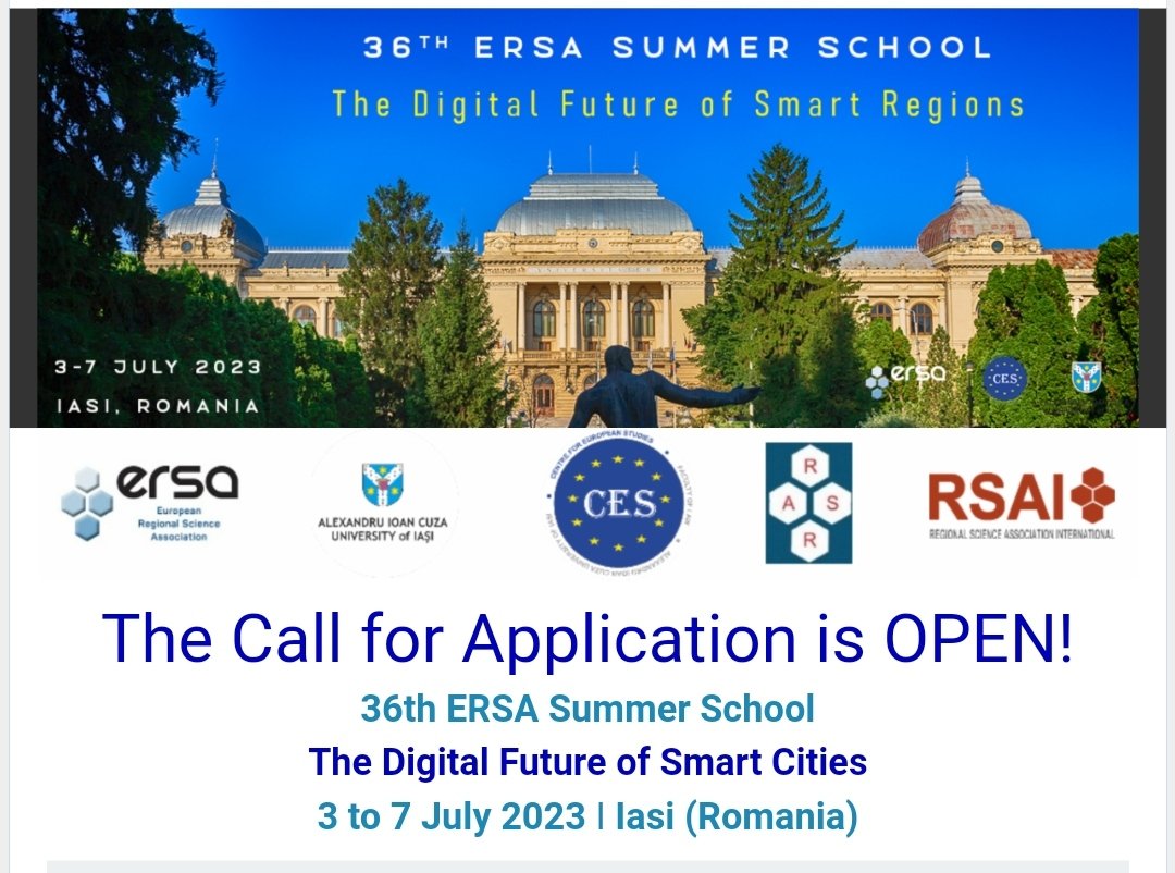🚨 36th #ERSAsummerSchool
The Digital Future of Smart Cities
3 to 7 July 2023, Iasi (Romania)

The Call for Application is OPEN!
Deadline: 24 March 2023
ersa.eventsair.com/2023-ersa-summ…