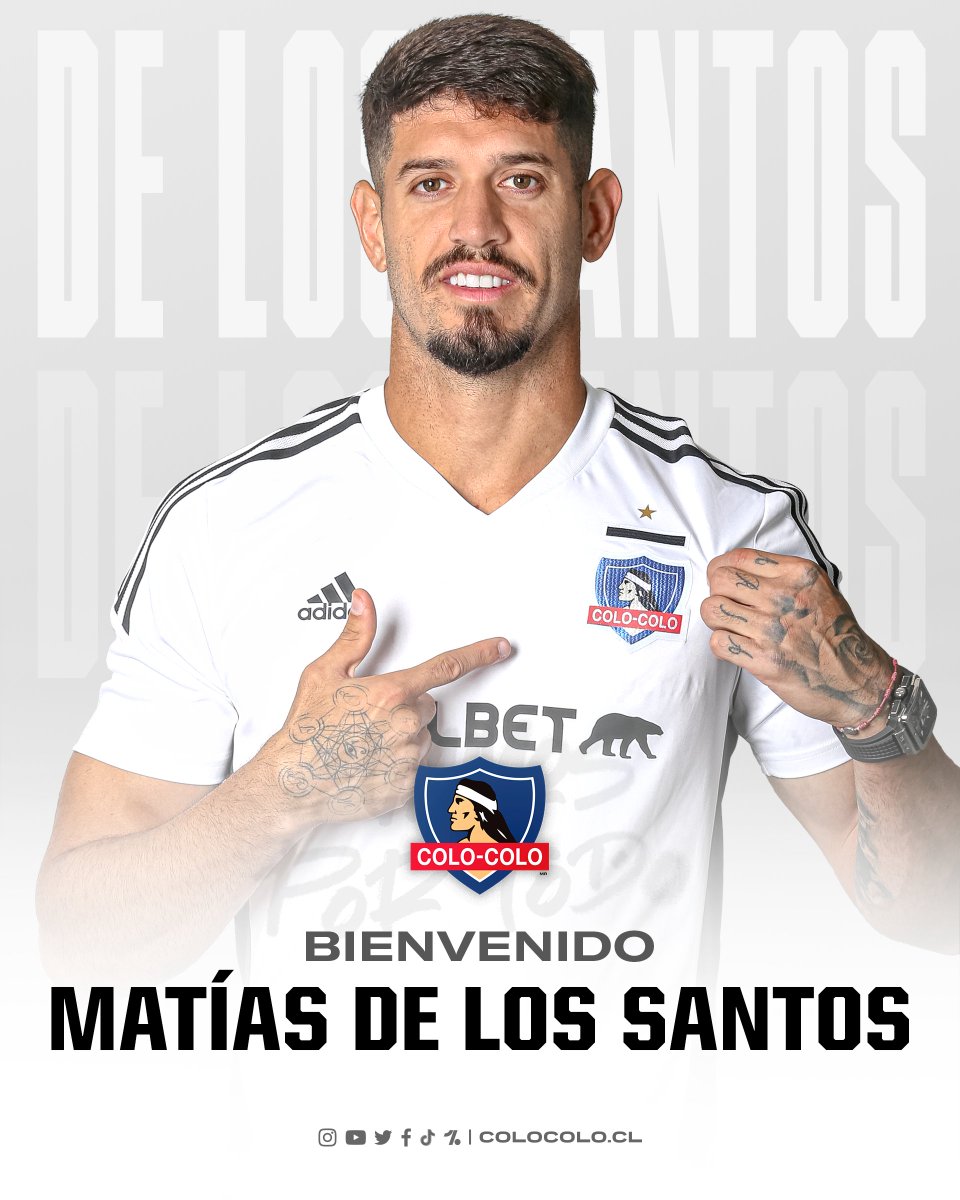 ColoColo's tweet photo. 🏁 ¡𝐁𝐈𝐄𝐍𝐕𝐄𝐍𝐈𝐃𝐎 𝐀𝐋 𝐌𝐀́𝐒 𝐆𝐑𝐀𝐍𝐃𝐄! 

El defensor Matías de los Santos 🇺🇾 es oficialmente nuevo jugador de Colo-Colo..

Registra pasos por Danubio, Millonarios y Velez Sarsfield. 

🌟 Mucho éxito en esta etapa junto al Cacique, ¡VAMOS POR TODO! https://t.co/fvFqu4dTpo