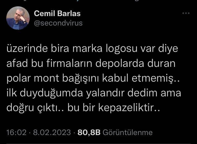 Cemil Barlas, AFAD'ın üzerinde Efes Pilsen ve Tuborg logosu olan polar montları kabul etmediğini doğruladı.