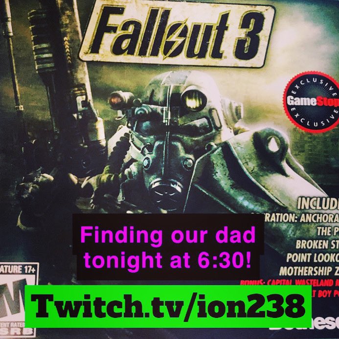 #fallout3 continues tonight at 6:30! Come watch on twitch.tv/ion238 as Scooter Sploogeman finds his dad! #fallout #falloutwasteland #wasteland #gaming #openworld #openworldgames #streaming #twitch #twitchstreamer #twitchaffiliate