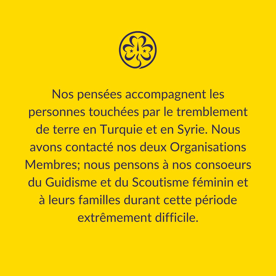 wagggsworld's tweet photo. Our thoughts are with those affected by the earthquake in Turkey and Syria. We have reached out to our two Member Organisations; we are thinking of our Girl Guiding and Girl Scouting sisters and their families during this unimaginably difficult time. https://t.co/CSNrYmCBxv