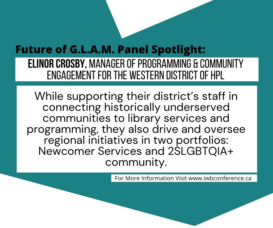 iwbconference's tweet photo. Future of G.L.A.M. panel spotlight: Elinor Crosby, manager of Programming &amp; Community Engagement for the Western District of HPL. #conference #Halifax #informationwithoutborders #IWB #informationmanagement #GLAM https://t.co/rY38HBNj1q