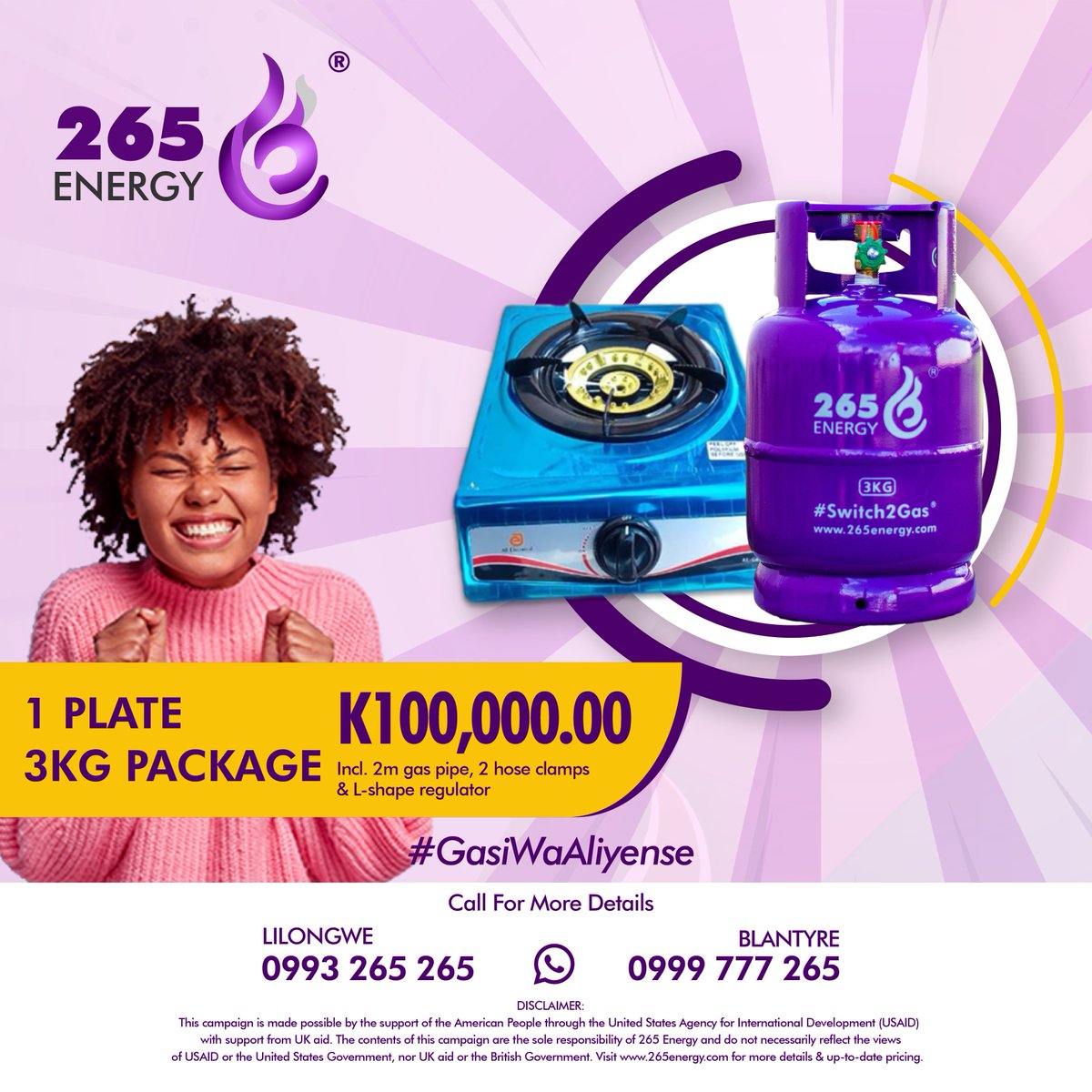 265Energy's tweet photo. FEATURED PRODUCT: Get yourself the new 3kg cylinder with a portable self lighting cooker plate which comes with its own 2m gas pipe, 2 hose clamps &amp; L-Shape regulator; for only K100,000. 
Call/WA 0993265265/0887000265.

#Switch2gas #malawi #gasstoves #gascooker #GasiWaAliyense https://t.co/TPH0KjCXhn