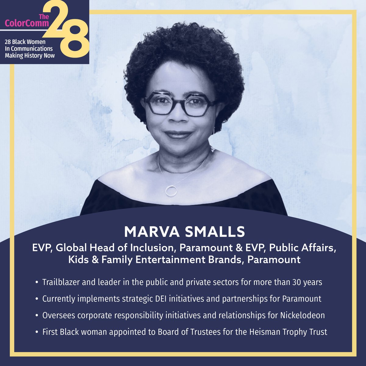 ColorCommntwk's tweet photo. Media powerhouse Marva Smalls took the skills from her political and activism career to the C-suite at @paramountco. She made history becoming the first Black woman appointed to the #HeismanTrophy Trust board of trustees.
#blackhistory #ColorComm28 #ColorComm
#TheColorComm28 https://t.co/rWFXJtEkfT
