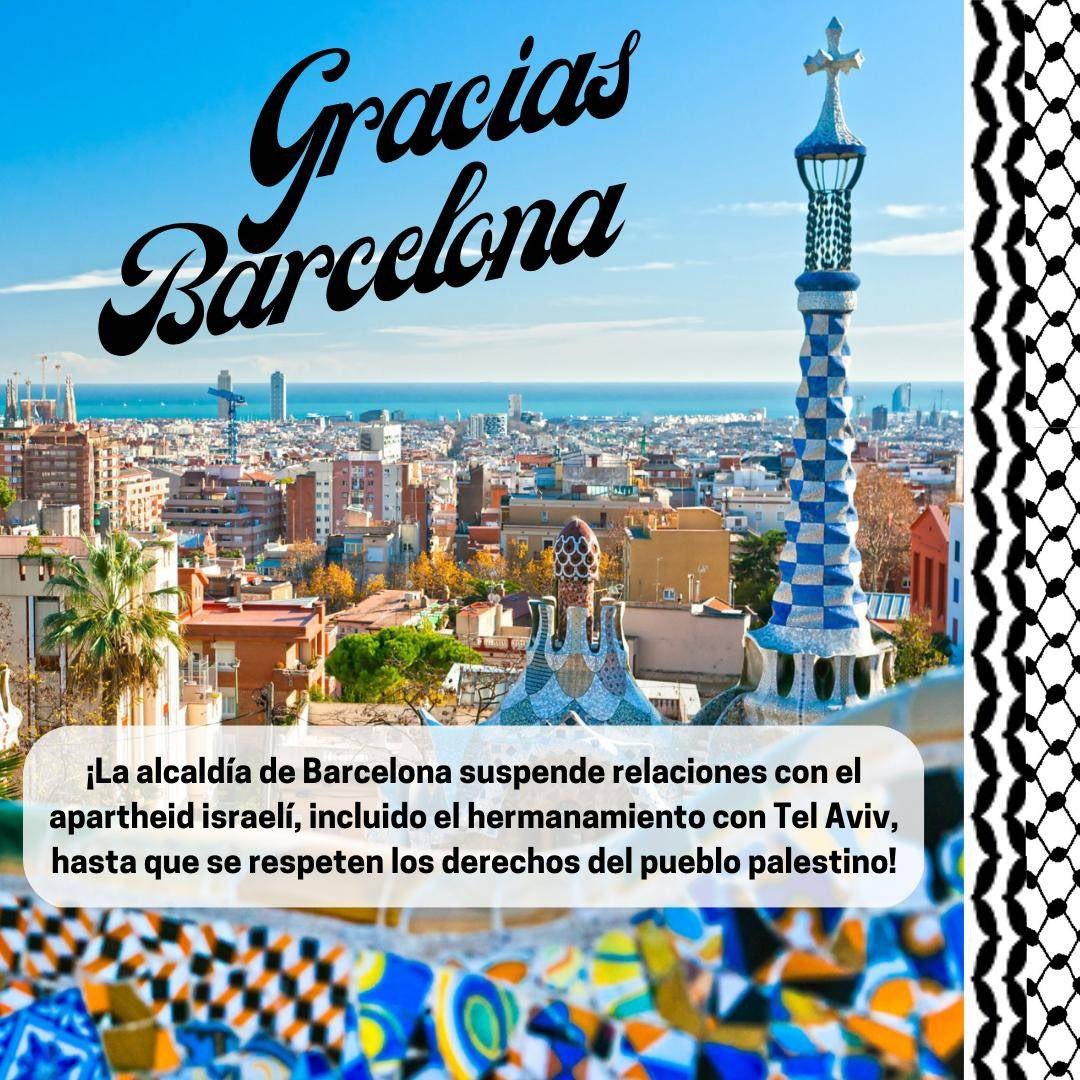m7mdkurd's tweet photo. Great news: The Mayor of Barcelona has suspended relations with apartheid Israeli as well as the twinning agreement with Tel Aviv. #BarcelonaSaysNoToApartheid #BCNambApartheidNo https://t.co/kHTF4MY7pj