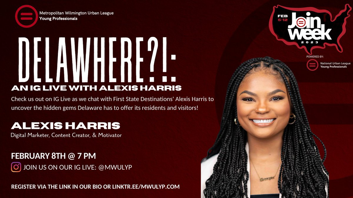 MWULYP's tweet image. TONIGHT @ 7 PM! Join us for this can't-miss IG live. Alexis will explore all the ways she's busting the "Delaware is boring" myth and give us some insight to all that the First State has to offer. 
linktr.ee/mwulyp

#JoinWeek2023 #JoinMWULYP #OneMissionOneMovement