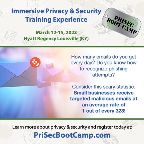 SecurityMetrics's tweet photo. One out of every 323 emails a small business receives is a phishing scam. You can’t eliminate the risk, but you can minimize it with the right training at the #PriSecBootCamp. EARLY BIRD REGISTRATION ENDS FEBRUARY 10. Learn more here: https://t.co/WrvP8MHNBd https://t.co/44L1Ra2eMU
