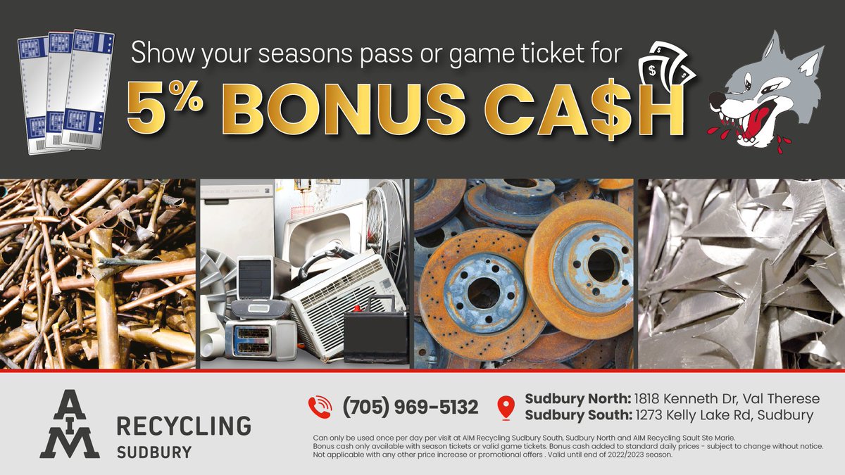 Sudbury_Wolves's tweet image. From now until the end of the season, we are offering all Sudbury Wolves fans 5% BONUS CASH on ALL metal brought to AIM Recycling with a Wolves season pass or game ticket! See you soon! #GoWolvesGo #cashforscrap