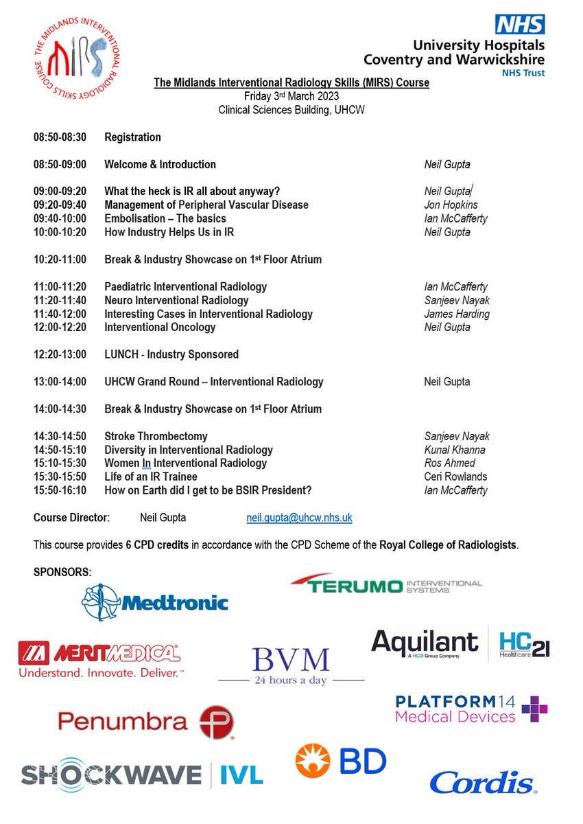 Neil Gupta (@drneilguptair) on Twitter photo Interesting in learning more about INTERVENTIONAL RADIOLOGY?
There's still time to register for FREE for the MIRS Course on Friday 3rd March <a href="/nhsuhcw/">UHCW NHS Trust</a>
mededcoventry.com/Courses/Radiol…
<a href="/TraineesBSIR/">BSIR Trainees (British Society of IR Trainees)</a> @IR_juniors <a href="/_the_SRT/">The Society of Radiologists in Training</a> <a href="/BSIR_News/">The British Society of Interventional Radiology</a> Interesting in learning more about INTERVENTIONAL RADIOLOGY?
There's still time to register for FREE for the MIRS Course on Friday 3rd March <a href="/nhsuhcw/">UHCW NHS Trust</a>
mededcoventry.com/Courses/Radiol…
<a href="/TraineesBSIR/">BSIR Trainees (British Society of IR Trainees)</a> @IR_juniors <a href="/_the_SRT/">The Society of Radiologists in Training</a> <a href="/BSIR_News/">The British Society of Interventional Radiology</a>