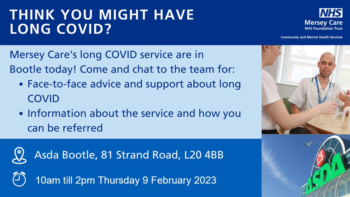 Go along to @ASDABootle tomorrow, Thursday 9 February to meet our Long COVID team 💙 The team will be on hand from 10am to 2pm to offer advice and support around anything related to #LongCOVID. merseycare.nhs.uk/longcovid @HWatchSefton @SeftonPartners @seftoncouncil #COVID