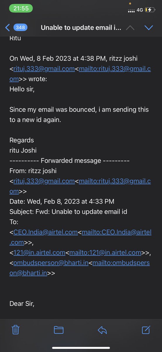 singhal_h's tweet photo. @airtelindia @Airtel_Presence - can someone look into it. It’s been such a huge challenge to get the email ID UPDATED !!! @AshwiniVaishnaw @TRAI @PMOIndia @rituj333 https://t.co/581e4FdqK9