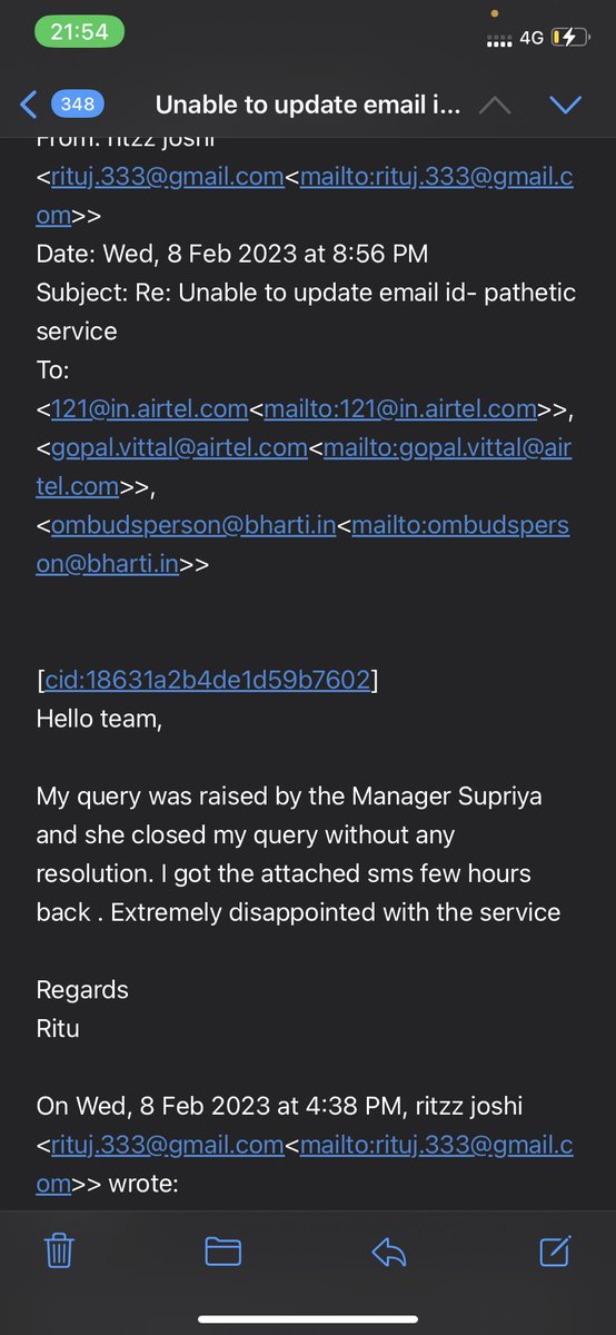 singhal_h's tweet photo. @airtelindia @Airtel_Presence - can someone look into it. It’s been such a huge challenge to get the email ID UPDATED !!! @AshwiniVaishnaw @TRAI @PMOIndia @rituj333 https://t.co/581e4FdqK9