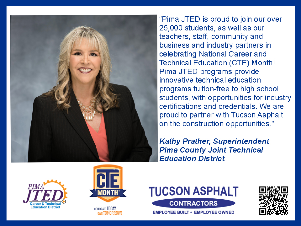 TucsonAsphalt's tweet photo. February is career and technical education (CTE) month! CTE provides students of all ages with the academic and technical skills, knowledge, and training necessary to succeed in future careers and become lifelong learners.
#employeebuilt #employeeowned https://t.co/W5GialpX9t