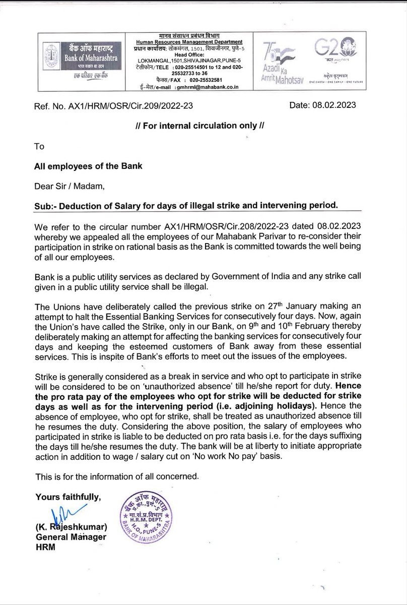 Dear <a href="/mahabank/">Bank of Maharashtra</a> first thing First

Legality of Strike is to be decided by Court of Law, not GM

Second, it's not deliberation but hopelessness from ur side since u miserably failed to understand ur own workforce

Lastly, No law in d world allow u to Deduct Adjoining holiday salary