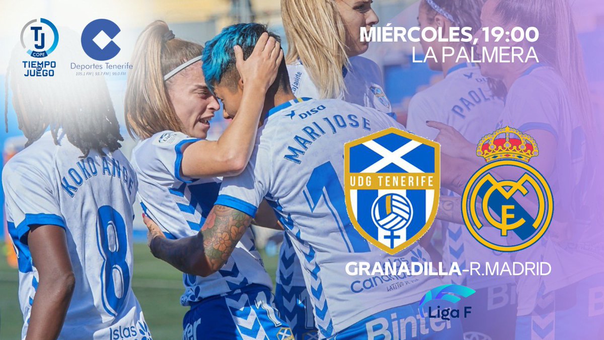 Hoy hay <a href="/tjcope/">Tiempo de Juego</a> 

⚽️ @UDGTenerife - <a href="/realmadridfem/">Real Madrid C.F.</a> 

🗓️ Jornada 3 de la <a href="/LigaF_oficial/">Liga F</a> 

📍 La Palmera
⏰ 19:00 (18:50 en directo)

🎙️ <a href="/mata_berto/">Berto Mata</a> 
🎤 <a href="/Javidelgado1977/">Javi Delgado</a> 

📲Canal de Twitter de <a href="/DeportesCopeTfe/">Deportes COPE Tenerife</a>
