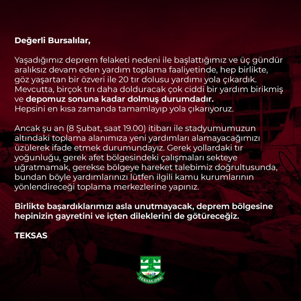 teksasorg's tweet photo. Depomuzda kapasiteyi aştık.
Hareket kabiliyetini yeniden kazanabilmek için, yardım kabulümüzü durduruyoruz.

Hepinizle gurur duyuyoruz.
TEŞEKKÜRLER BURSA! https://t.co/YSIvnkgK80