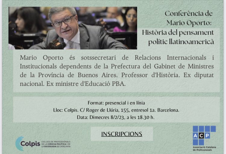 Avui <a href="/ColpisCat/">Col·legi Prof. Ciència Política i Sociologia CAT</a> i <a href="/acpassoc/">acp</a> organitzen una xerrada amb <a href="/oportomario/">Mario Oporto</a> Sots-secretari de Relacions Exteriors del Govern <a href="/BAProvincia/">Gobierno PBA</a> Serà una sessió virtual/presencial 18.30 Cat (14.30 Arg)