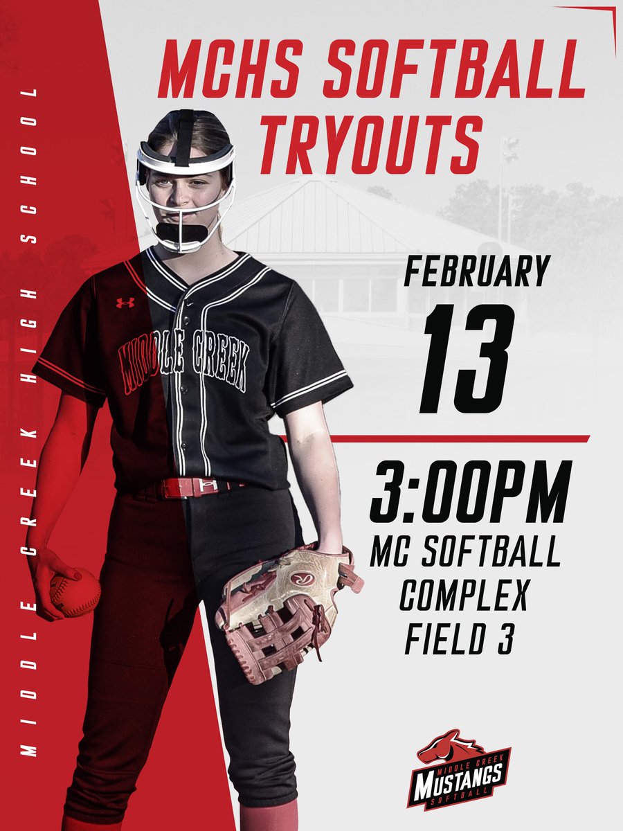 Tryouts for Middle Creek Softball will be on February 13th at 3:00 at the MC Softball Complex (Field 3). Hope to see you there!