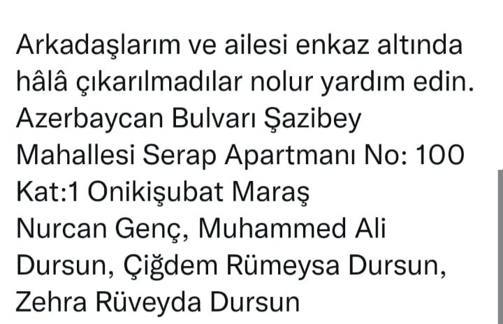 Serris_1's tweet photo. Lütfen yardım edin
#deprem #DEPREMOLDU #kahranmaras #kahramanmarasdepremi #hatayiskenderun #Hatay #AFAD #AFADhatay #AFADKahramanmaras #AdiyamanYardimBekliyor #acildeprem #AhbapDernegi #OguzhanUgur https://t.co/IcClrEyi2E