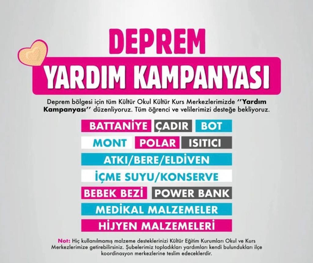 OzelKultur's tweet photo. Yarın saat 09.00-17.00 arası Kültür Eğitim Kurumları olarak Kültür Akademi Lisesi’nde depremzedeler için yardım toplanacaktır. Mama, bebek bezi, su, kuru gıda, elbise, battaniye birincil ihtiyaçtır.Adres: Kültür mahallesi vali konağı karşısı.  İletişim: 0542 712 44 55 #acildeprem https://t.co/qEpRSVSZVp