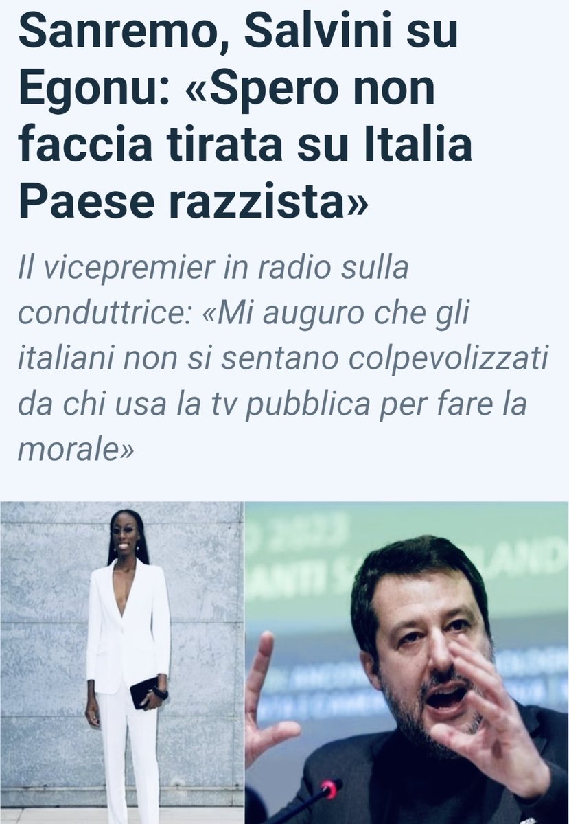 rulajebreal's tweet photo. Salvini
“Spero Egonu non faccia un monolgo sul razzismo, perché in 🇮🇹 non c'è.”
Parole di un famigerato razzista, che ha reso l’Italia un paese razzista…Leader di un partito che ha candidato Traini, il nazista che sparò a 6 persone di colore, Lo stesso colore di pelle di #Egonu. https://t.co/PBzVYmhCgi