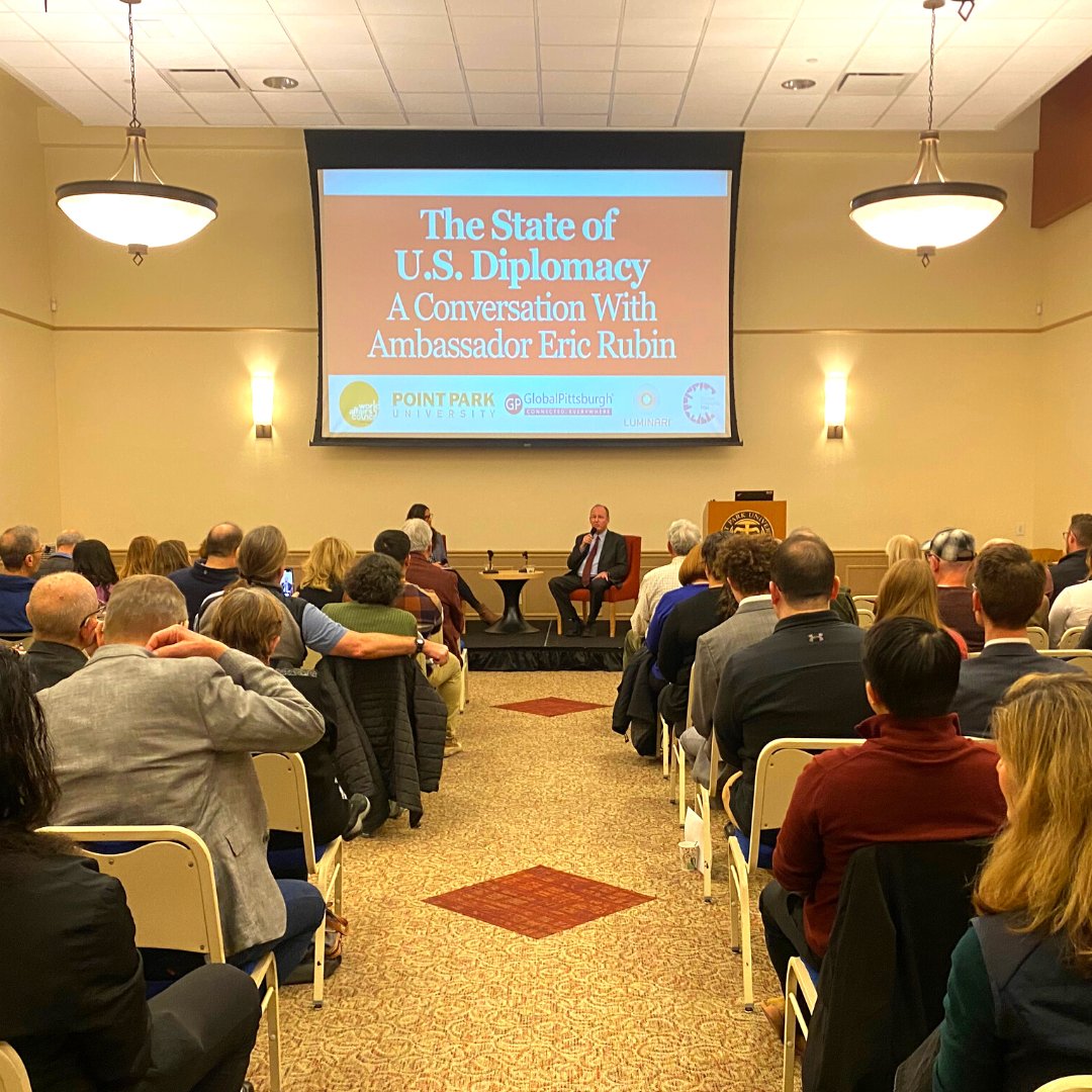 WorldPittsburgh's tweet photo. Thank you to everyone who attended last night’s conversation with Ambassador Eric Rubin! 

We had a lively discussion about U.S. #diplomacy around the world. 

Watch the livestream: https://t.co/BWVpvkF7X3

@afsatweets @pointparku @globalpittsburgh @luminaripgh @GlobalShaperPGH https://t.co/6Tht0gPqiV