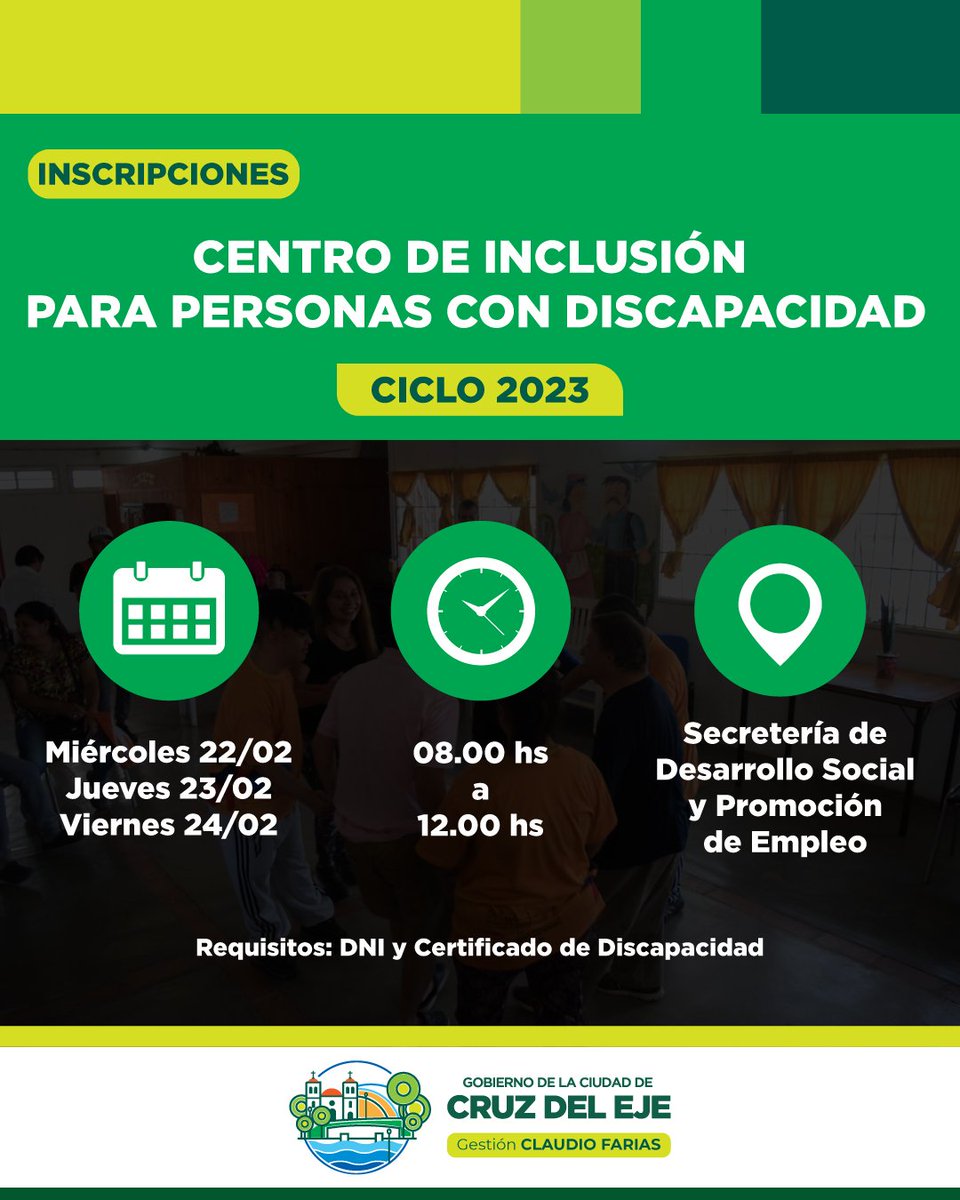 ATENTOS 👀

Desde el 22 al 24 de febrero, se encontrará abiertas las inscripciones para unirte al Centro de Inclusión para Personas con Discapacidad 

Requisitos‼️
📌DNI
📌Certificado de Discapacidad.

#CuidemosCruzdelEje #discapacidadeinclusión #CentroDeInclusion