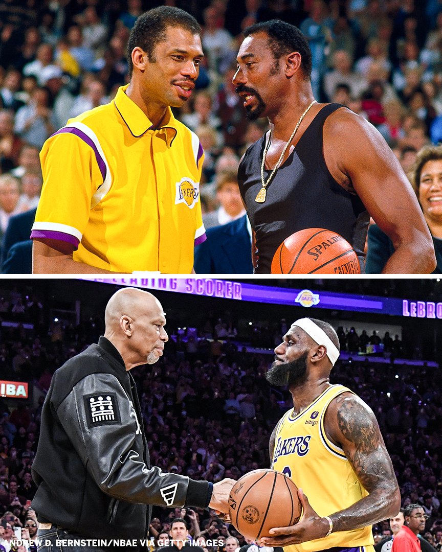 SportsCenter's tweet photo. April 6, 1984: Kareem Abdul-Jabbar and Wilt Chamberlain shared a moment a day after Kareem set the NBA scoring record

Feb. 7, 2023:  Kareem Abdul-Jabbar and LeBron James shared a moment after LeBron set the NBA scoring record

📸 Both photos captured by @ADBPhotoInc https://t.co/nxlfU03p0J