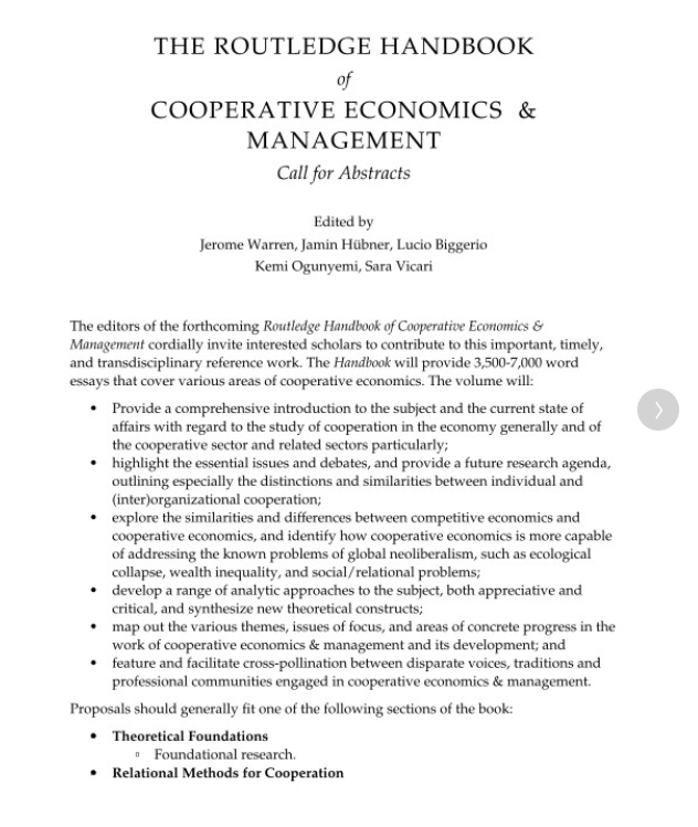 Dear all, we've decided to (slightly) change the title of our project to the Routledge Handbook of Cooperative #Economics & #Management. Abstract submissions open till #April15. Find out more here: econ.coop/2023/01/17/rou…